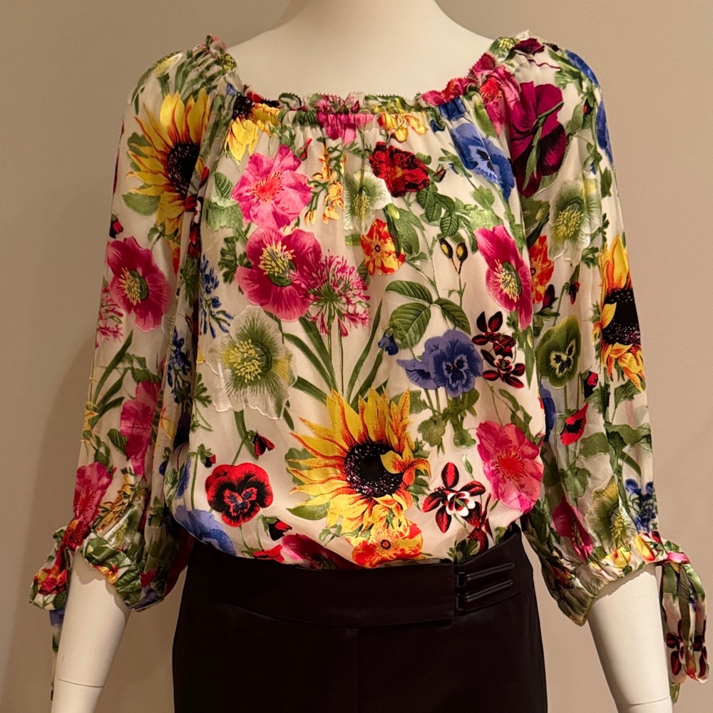 NWOT ALICE + OLIVIA ALTA FLORAL PRINT SILK BLEND BLOUSE ON/OFF SHOULDER SZ LARGE - Picture 4 of 15